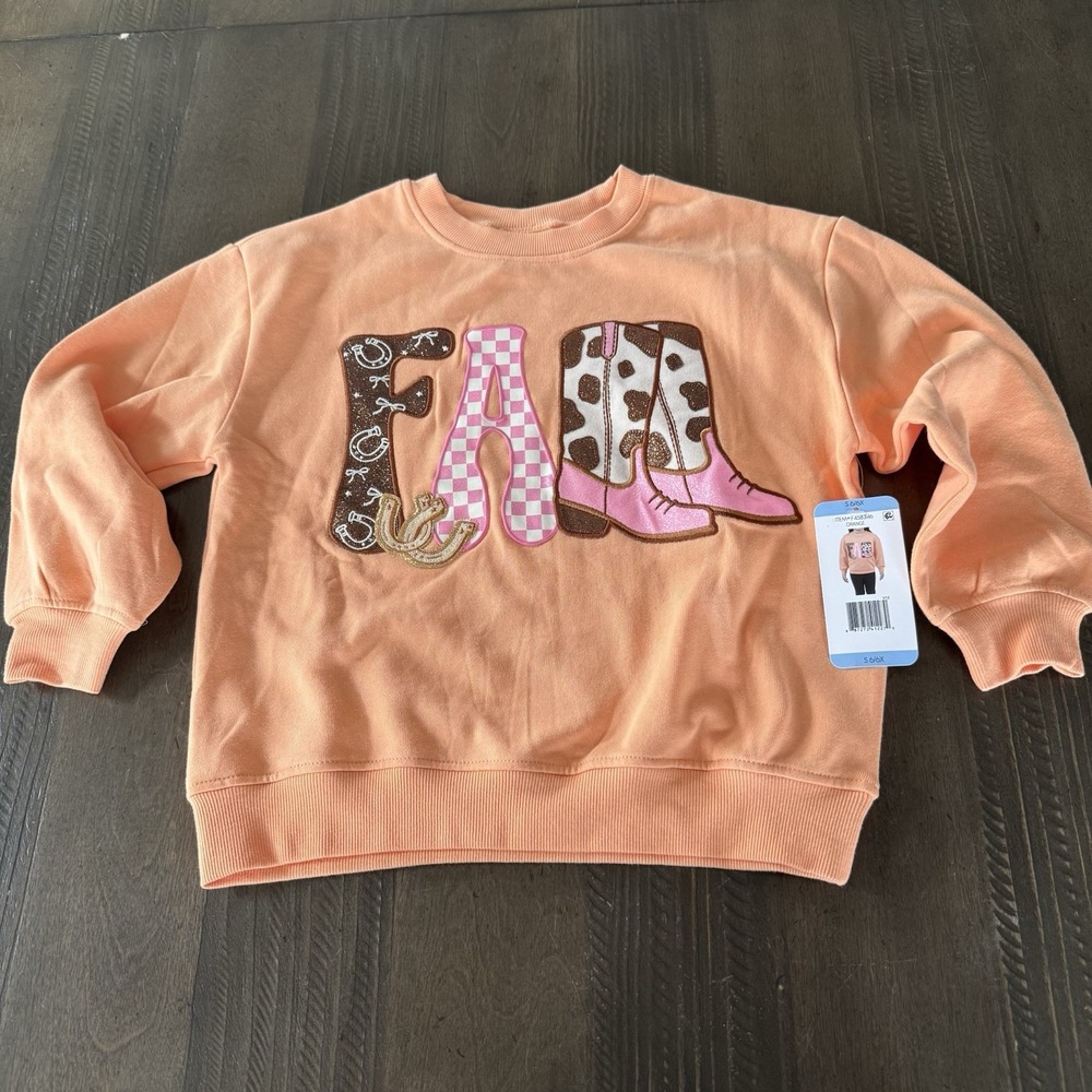Counting Daisies Girls 6/6X Peach Western Cowgirl Boots Graphic Sweatshirt NWT